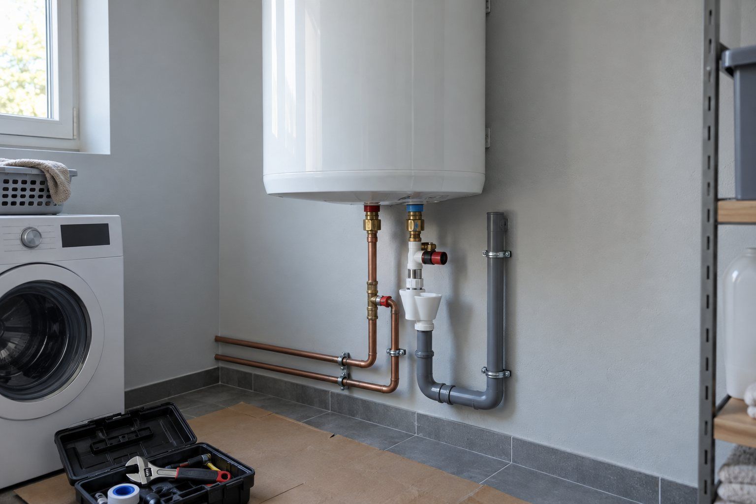 Ballon d'eau chaude électrique neuf fixé au mur d'une buanderie, avec groupe de sécurité, raccords en laiton et évacuation