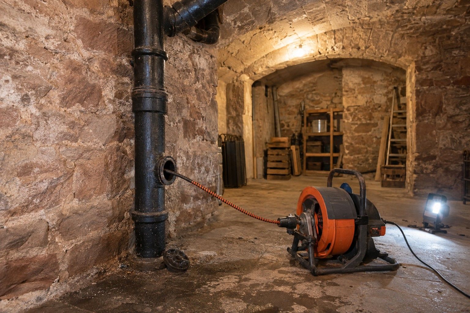 Colonne d'eaux usées en fonte dans la cave voûtée d'un immeuble ancien, furet électrique engagé par le tampon de visite