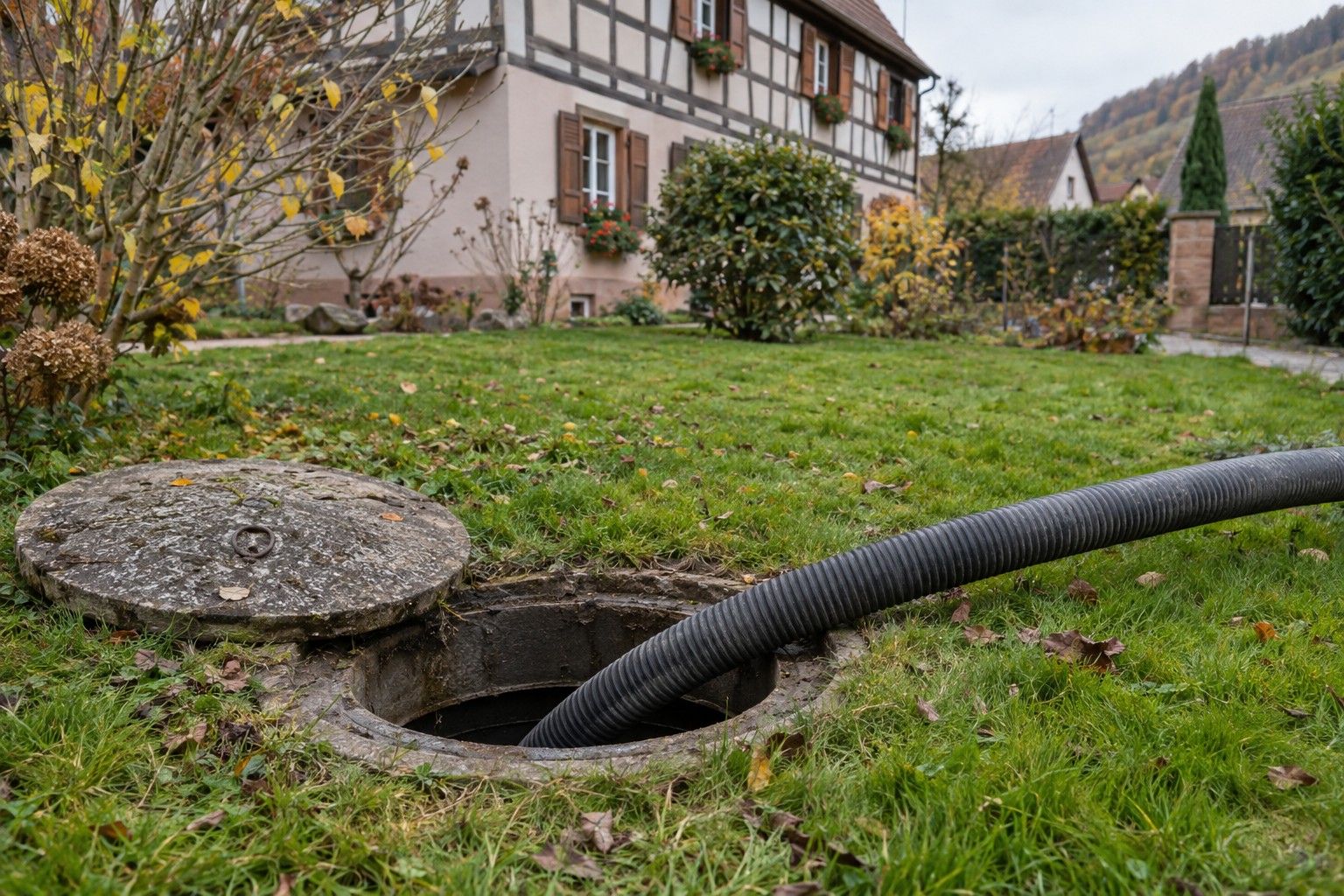 Tampon de fosse septique ouvert dans le jardin d'une maison alsacienne, tuyau d'aspiration engagé dans la fosse