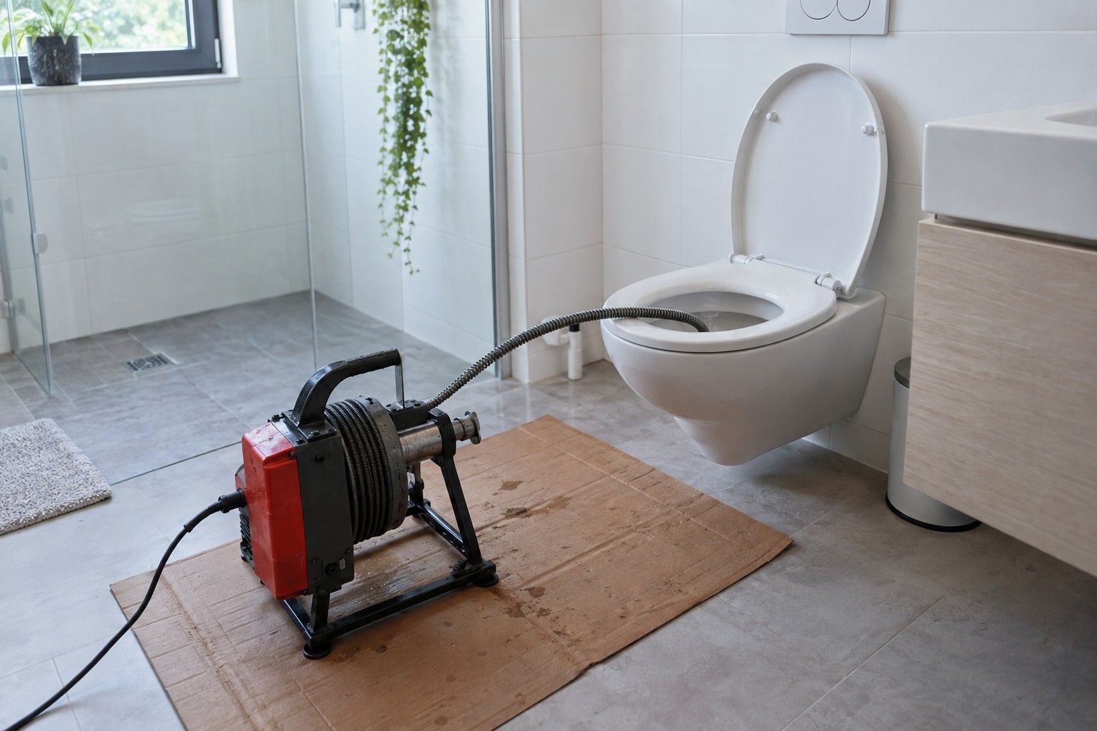 Furet électrique de débouchage posé sur un carton de protection devant un WC suspendu