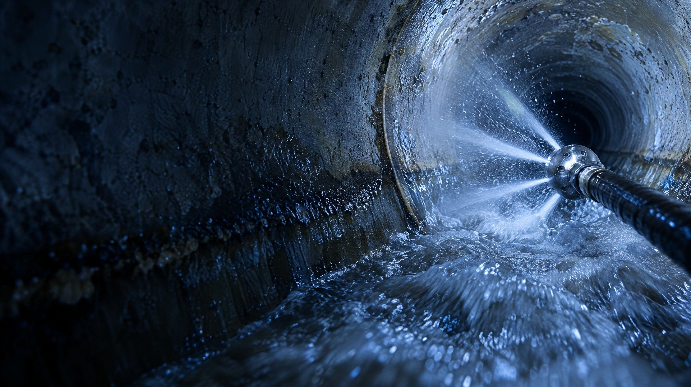 Buse d'hydrocurage projetant des jets d'eau à haute pression dans une canalisation en béton