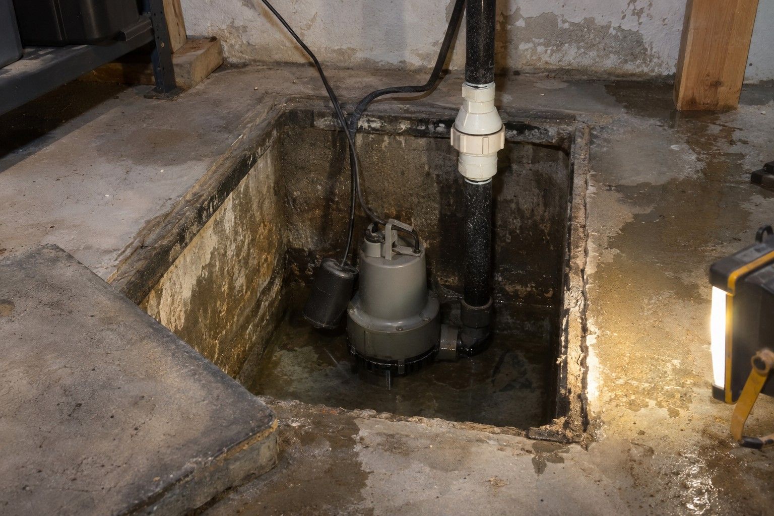 Pompe de relevage immergée au fond d'une fosse en béton dans une cave, avec son flotteur et son clapet