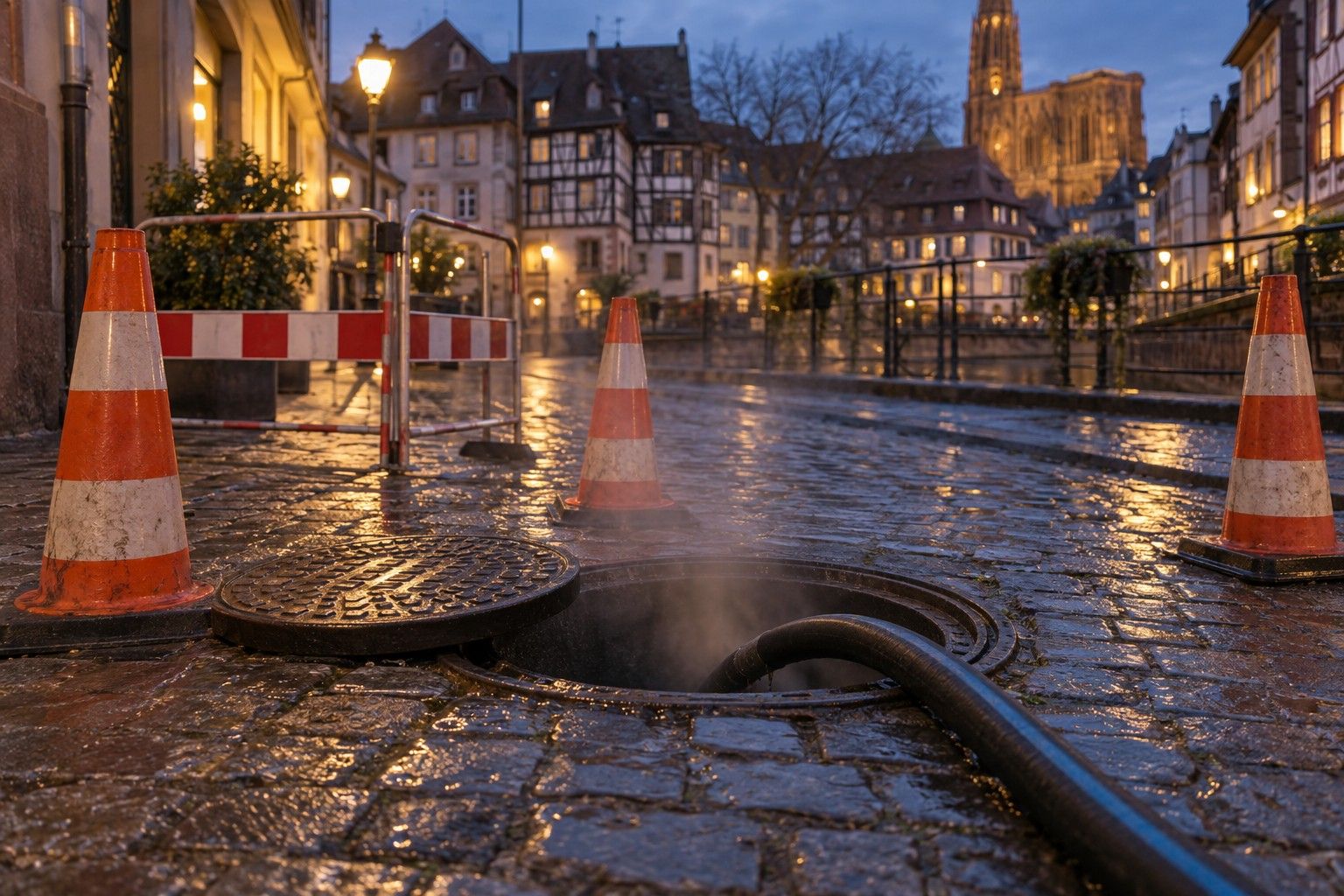Regard ouvert et tuyau d'hydrocurage dans une rue pavée du centre de Strasbourg au crépuscule