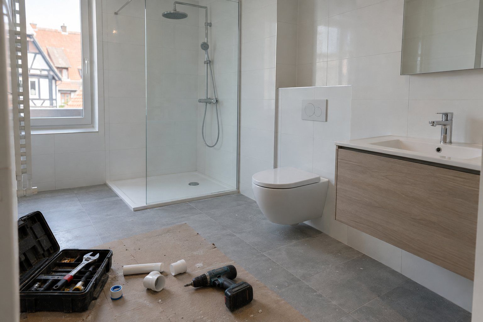 Salle de bain neuve avec douche de plain-pied, mitigeur thermostatique, WC suspendu et meuble vasque, caisse à outils posée sur un carton de protection